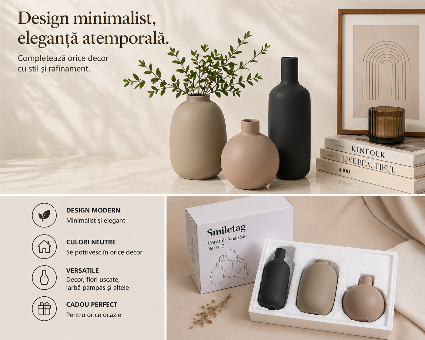 Set 3 Vaze Ceramice Decorative Premium – Design Minimalist, Culori Neutre