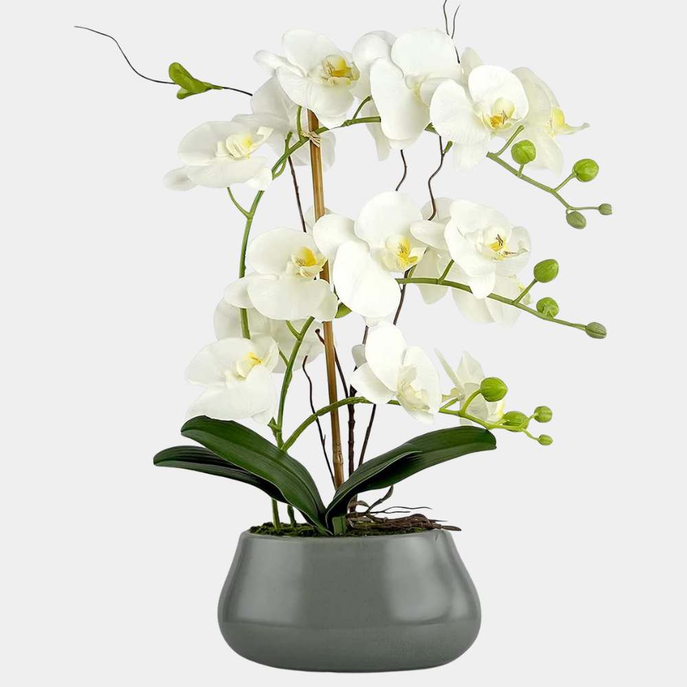 Orhidee Artificiala Phalaenopsis Alba – 45 cm, ghiveci ceramic gri lucios