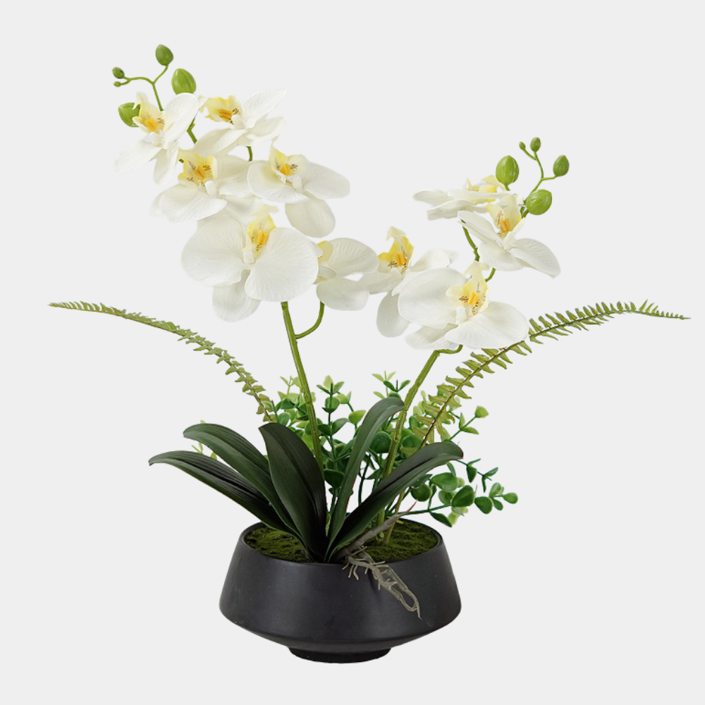 Orhidee Artificiala Phalaenopsis Alba – 45 cm, ghiveci ceramic inclus