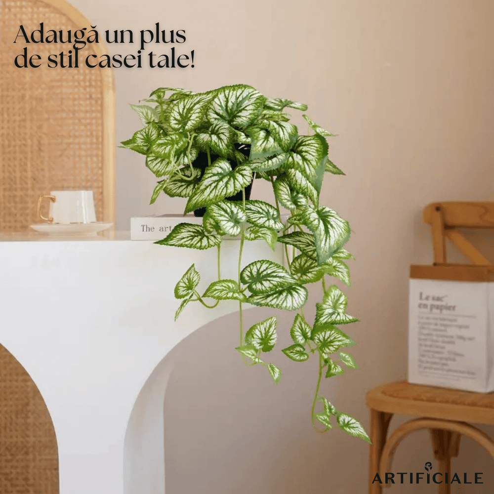 Planta Artificiala Suspendata Begonia Alb-Verde cu Ghiveci (Begonie, 70 cm)