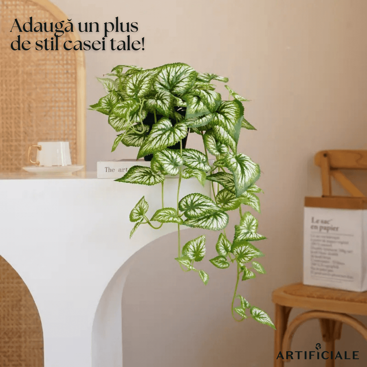 Planta Artificiala Suspendata Begonia Alb-Verde cu Ghiveci (Begonie, 70 cm)