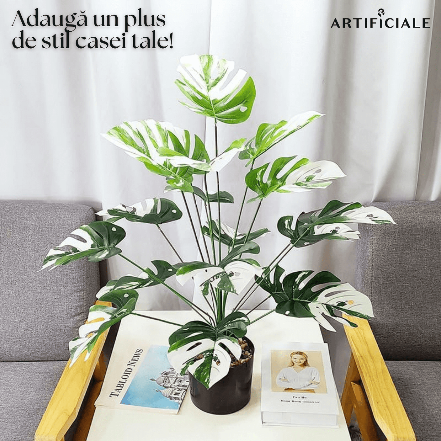 Planta Artificiala Monstera cu Frunze Variegate – 70-80 cm, ghiveci inclus