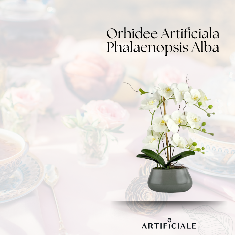 Orhidee Artificiala Phalaenopsis Alba – 45 cm, ghiveci ceramic gri lucios