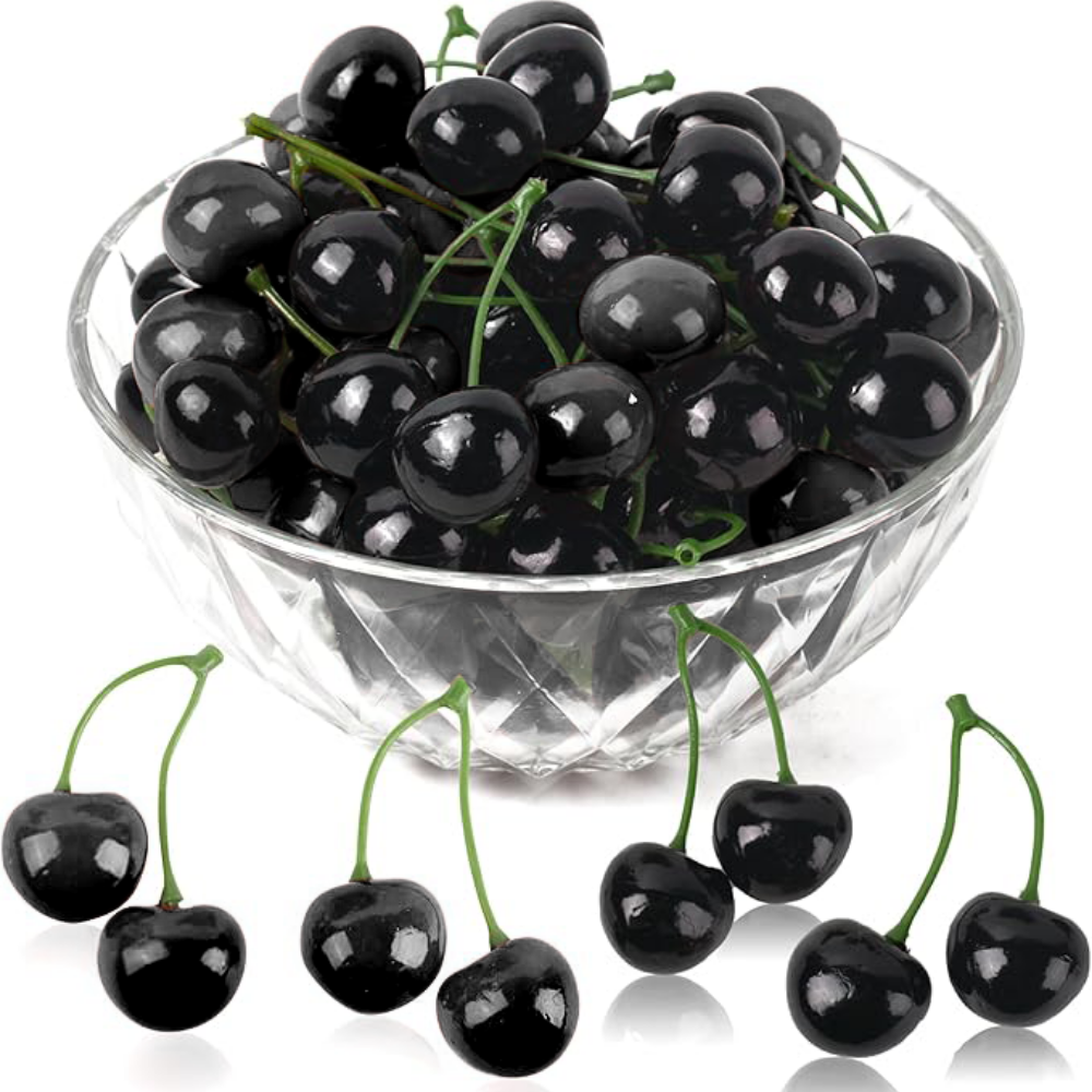 Cirese Artificiale cu Crenguta – Set 10 sau 30 bucati (20 sau 60 cirese), culoare visiniu inchis