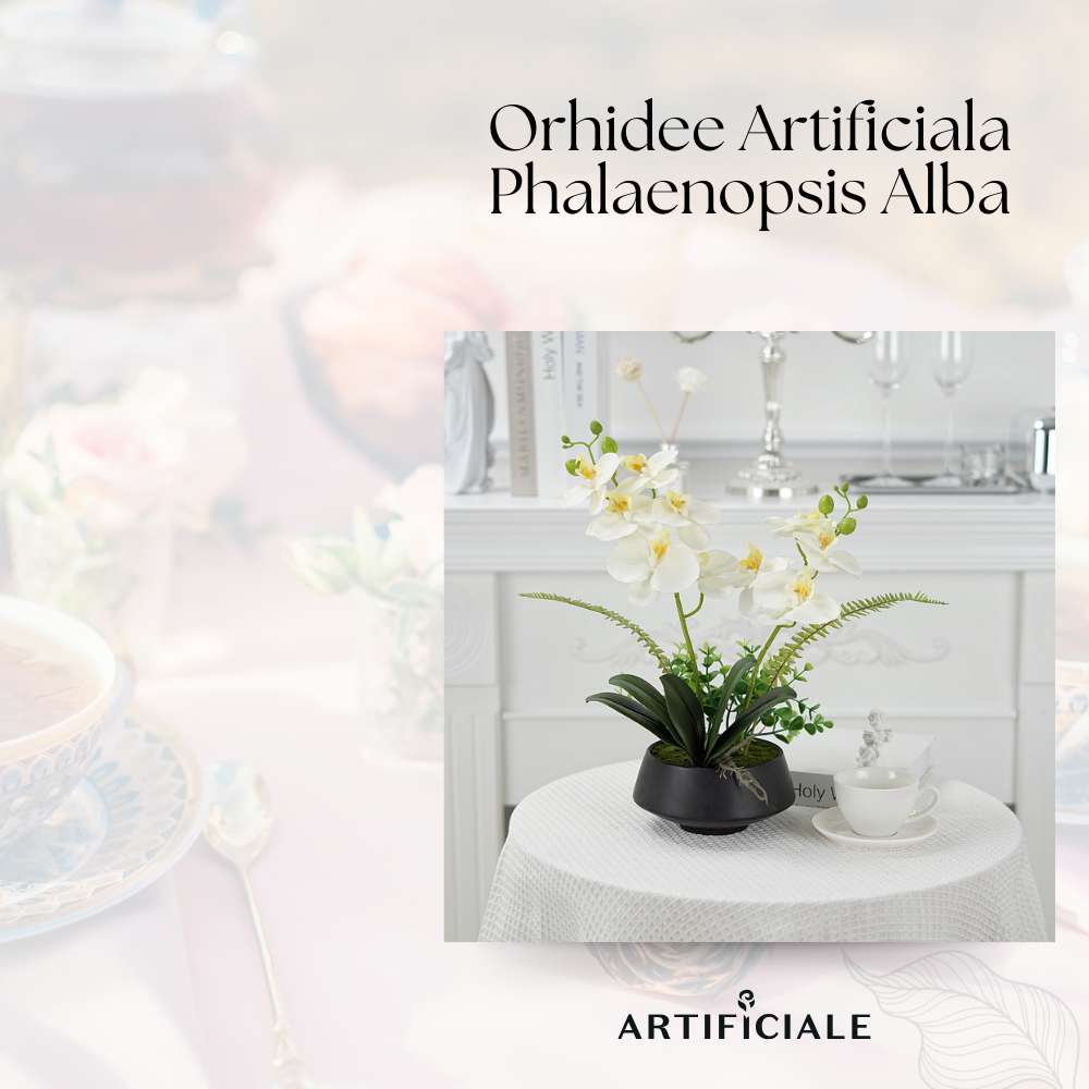 Orhidee Artificiala Phalaenopsis Alba – 45 cm, ghiveci ceramic inclus