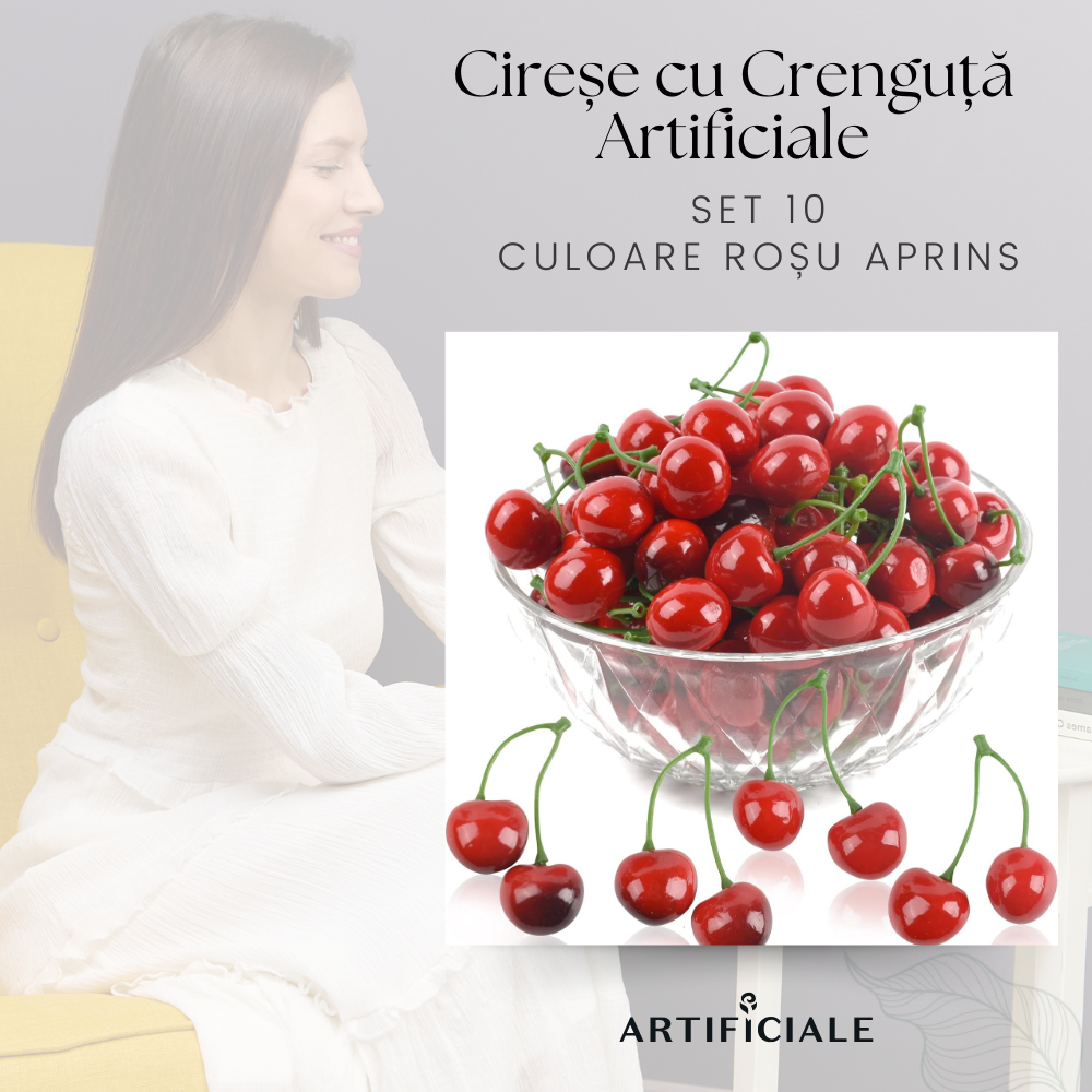 Cirese Artificiale cu Crenguta – Set 10 sau 30 bucati (20 sau 60 cirese in total), culoare rosu aprins