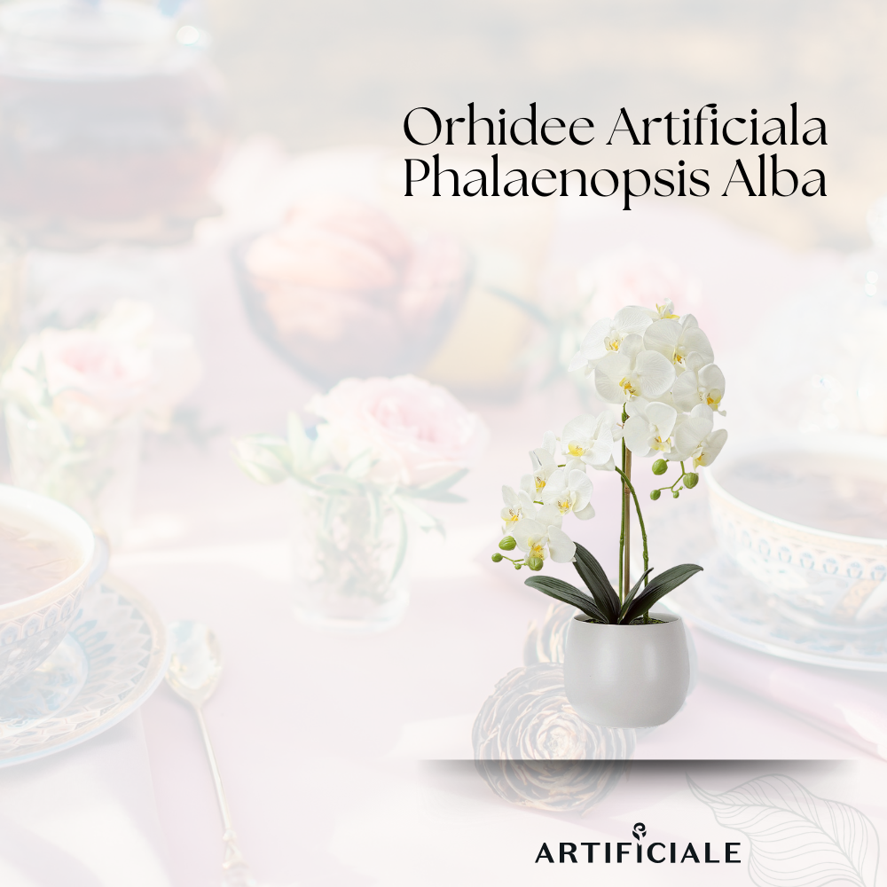 Orhidee Artificiala Phalaenopsis Alba – 45 cm, 2 tije bogate, ghiveci ceramic alb