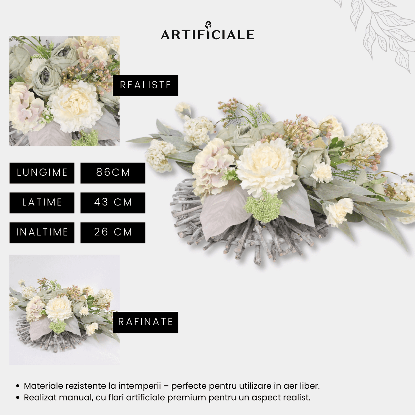 Aranjament Funerar Artificial cu Bujori, Hortensii si Trandafiri – 86 cm