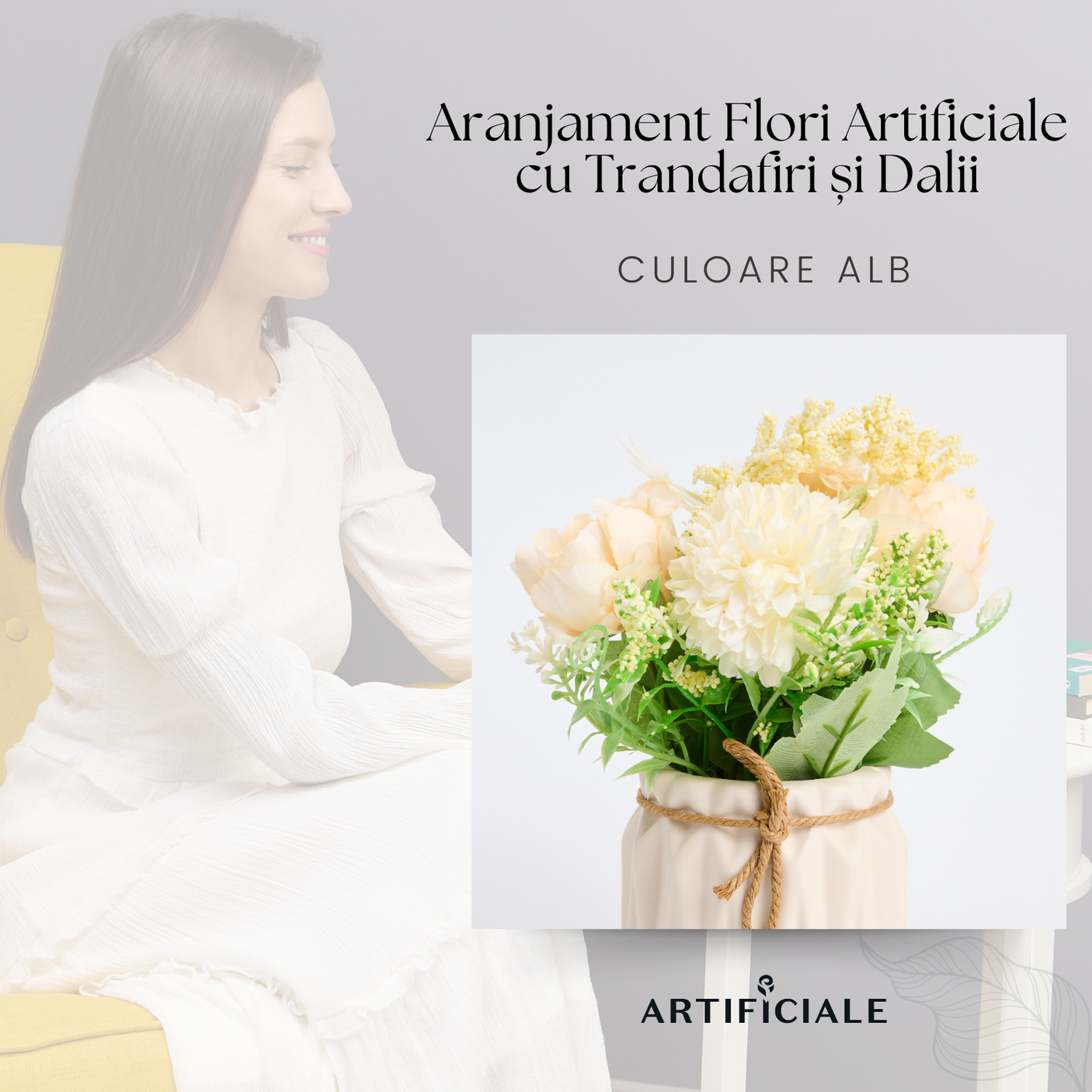 Aranjament Flori Artificiale cu Hortensie, Trandafiri si Flori de Camp – Alb, cu Vas Decorativ