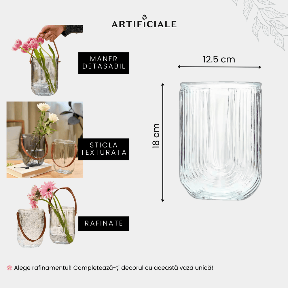 Vaza din Sticla cu Maner Detasabil – Transparenta, Texturata, 18 cm