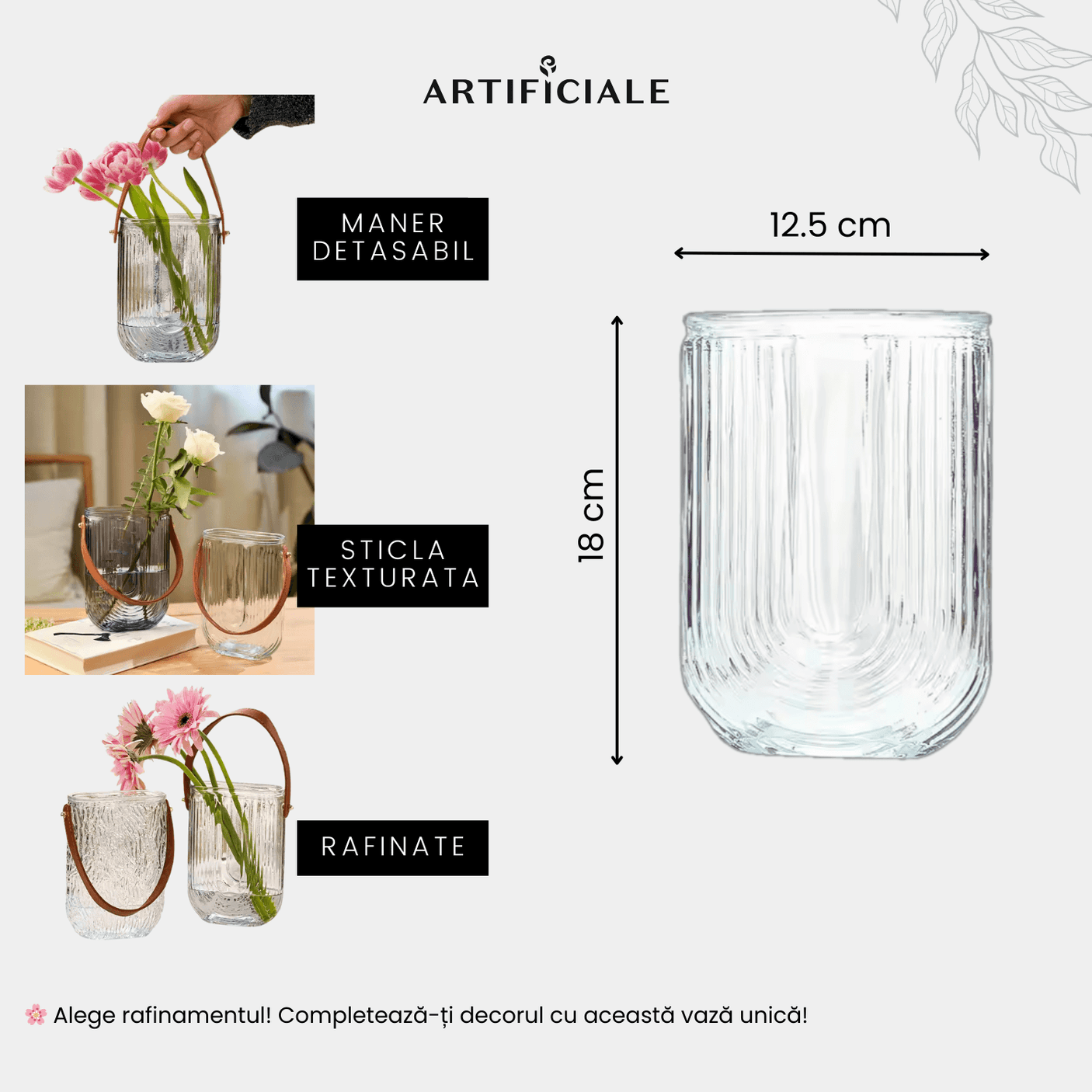 Vaza din Sticla cu Maner Detasabil – Transparenta, Texturata, 18 cm