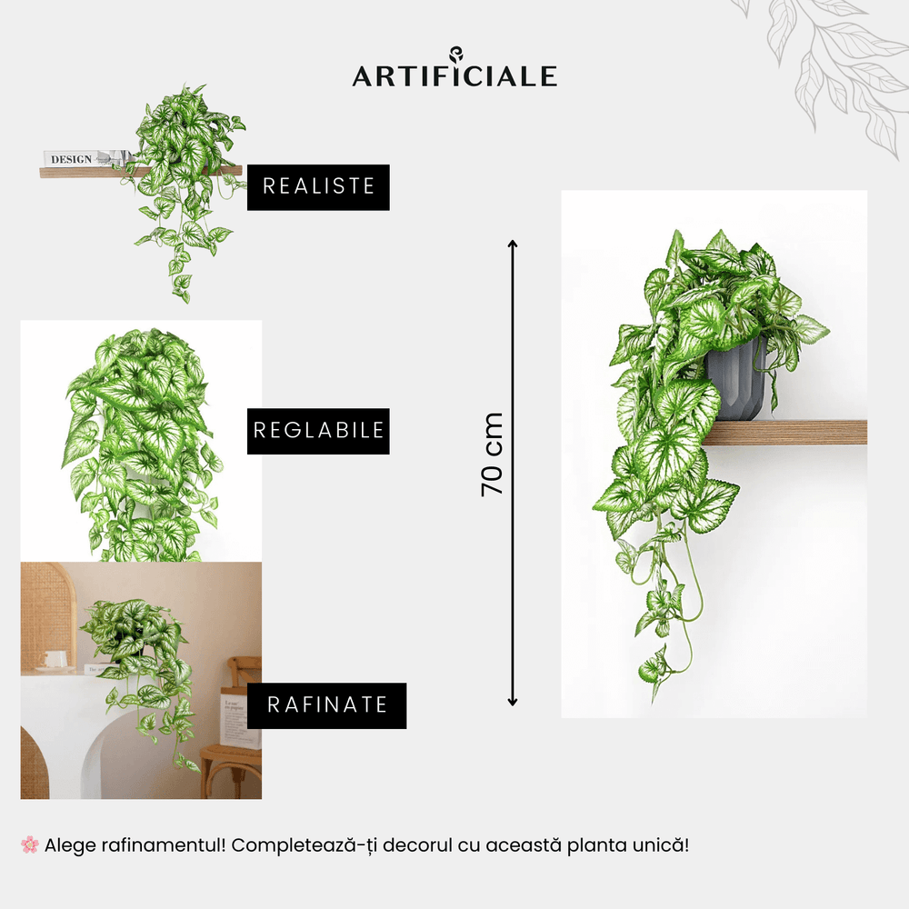 Planta Artificiala Suspendata Begonia Alb-Verde cu Ghiveci (Begonie, 70 cm)