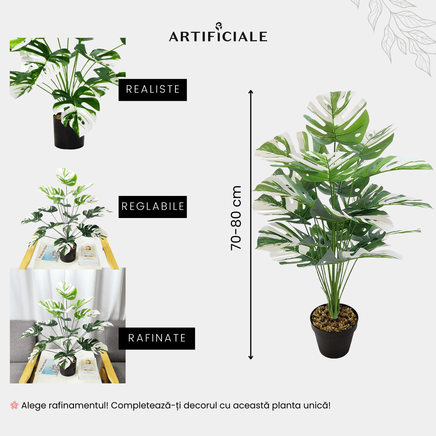 Planta Artificiala Monstera cu Frunze Variegate – 70-80 cm, ghiveci inclus