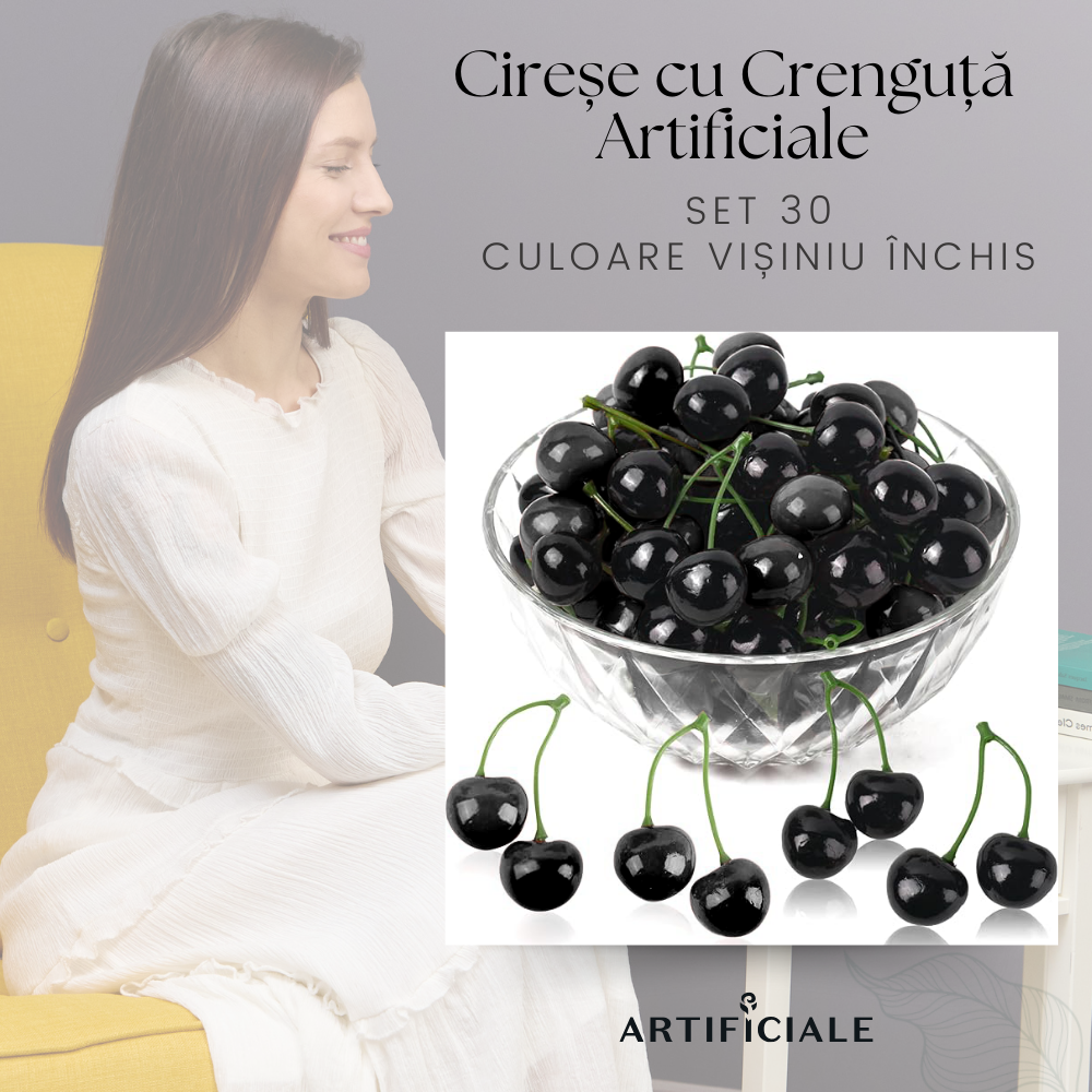 Cirese Artificiale cu Crenguta – Set 10 sau 30 bucati (20 sau 60 cirese), culoare visiniu inchis