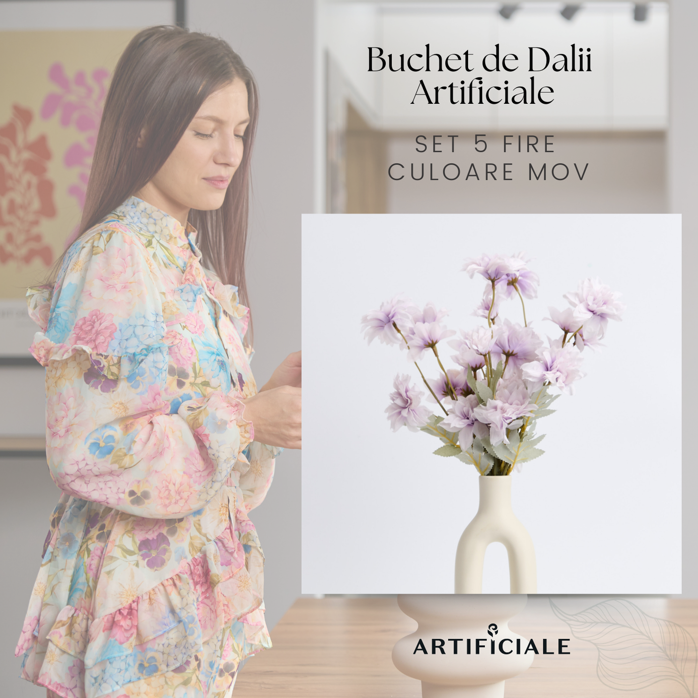 Buchet 5 Fire Dalii Artificiale - Variatii de Culoare: Alb, Rosu, Roz, Portocaliu, Albastru, Sampanie, Mov