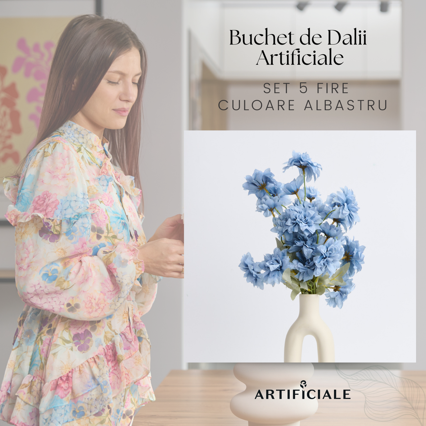 Buchet 5 Fire Dalii Artificiale - Variatii de Culoare: Alb, Rosu, Roz, Portocaliu, Albastru, Sampanie, Mov