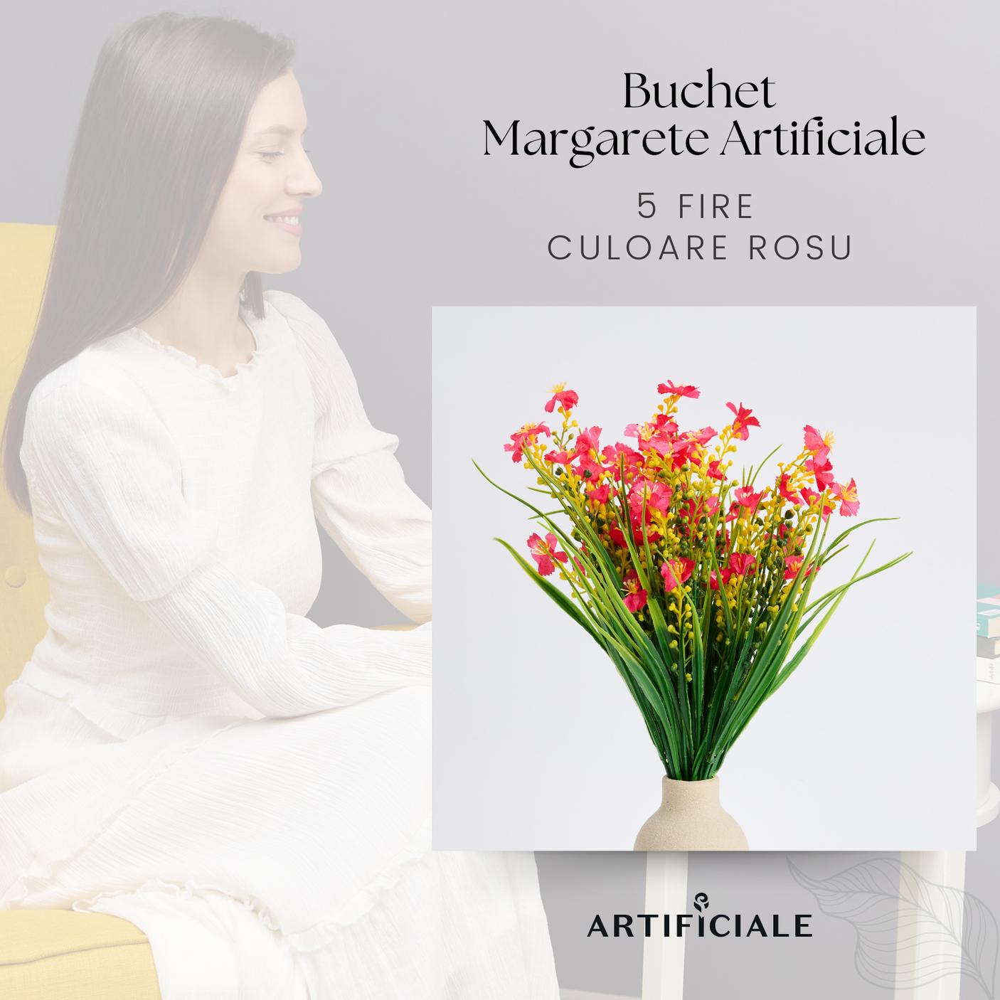 Buchet 5 Fire Margarete Artificiale – Alb, Galben, Mov, Roz, Rosu Trandafiriu, Rosu (Vaza Neinclusa)