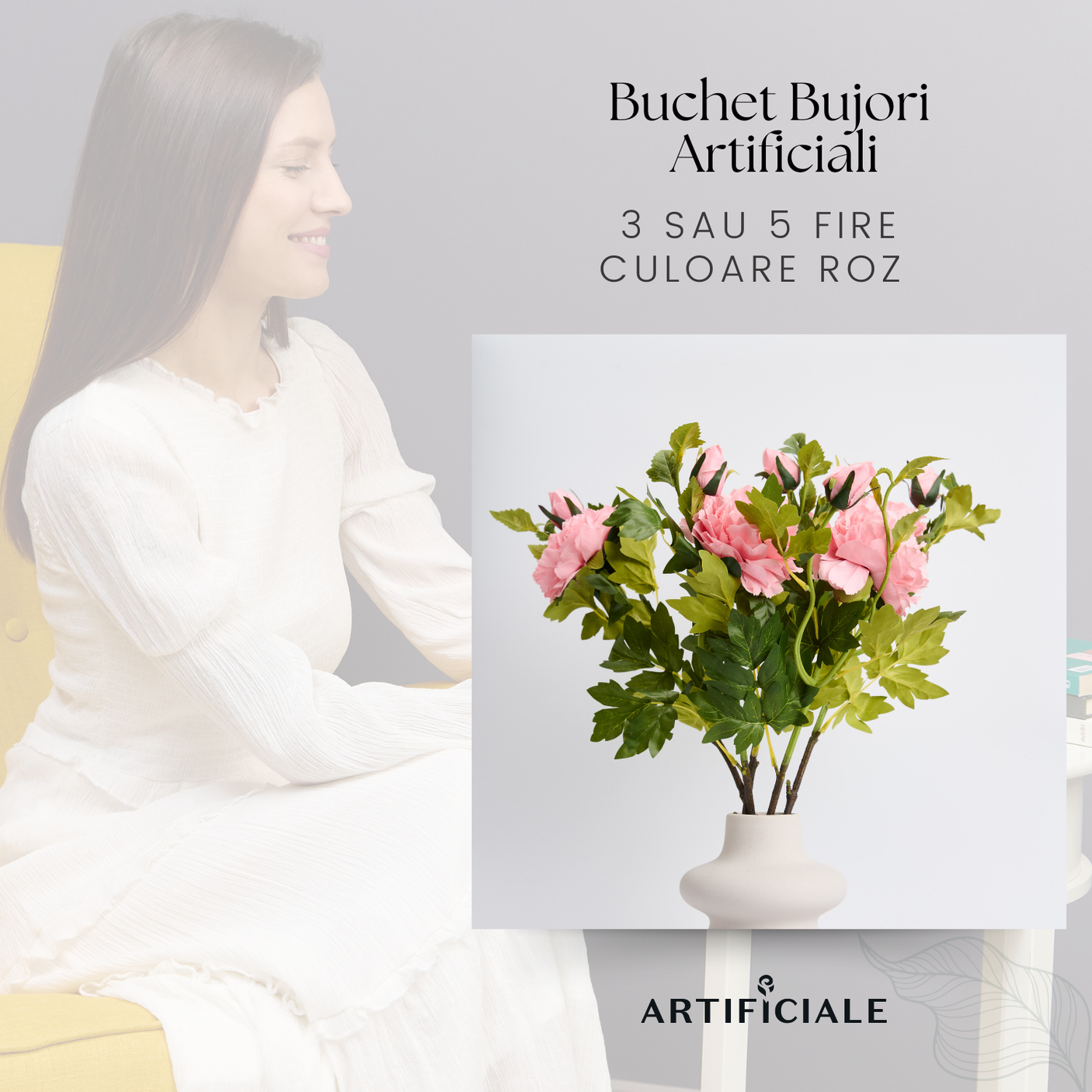 Buchet Bujori Artificiali (Paeonia) - 3 sau 5 Fire, Roz, Alb sau Rosu, Floare 12 cm