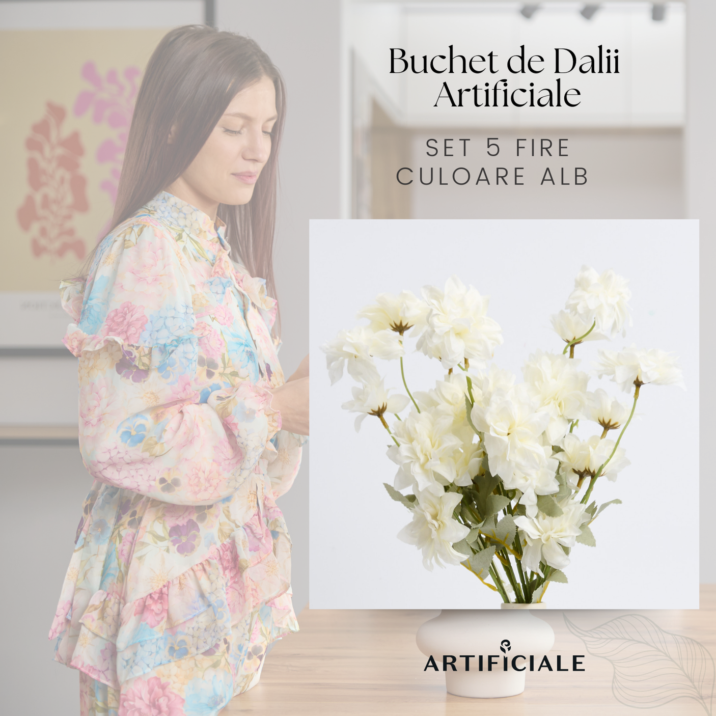 Buchet 5 Fire Dalii Artificiale - Variatii de Culoare: Alb, Rosu, Roz, Portocaliu, Albastru, Sampanie, Mov