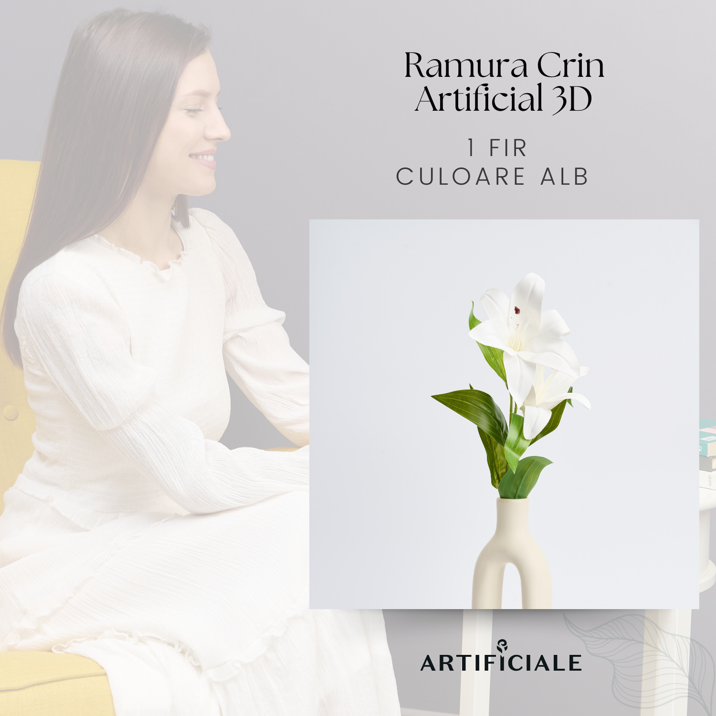 Crin Artificial 3D cu 2 Flori – 1 Fir, Roz sau Alb, 58 cm