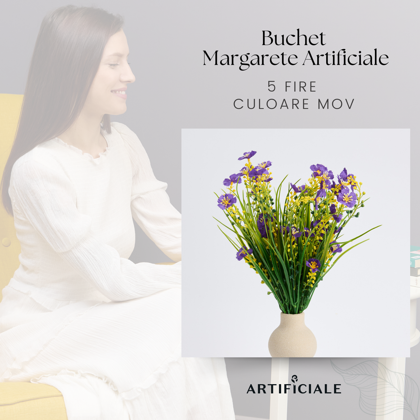 Buchet 5 Fire Margarete Artificiale – Alb, Galben, Mov, Roz, Rosu Trandafiriu, Rosu (Vaza Neinclusa)