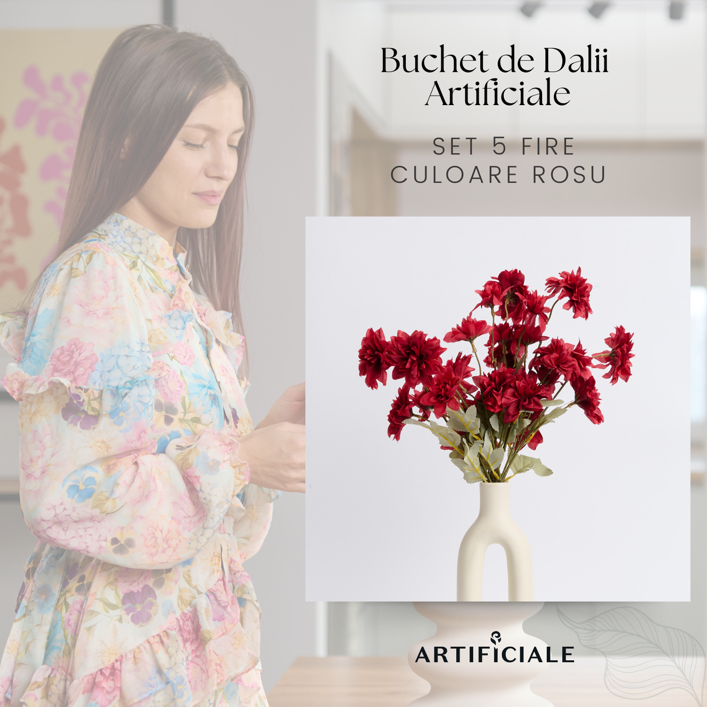 Buchet 5 Fire Dalii Artificiale - Variatii de Culoare: Alb, Rosu, Roz, Portocaliu, Albastru, Sampanie, Mov