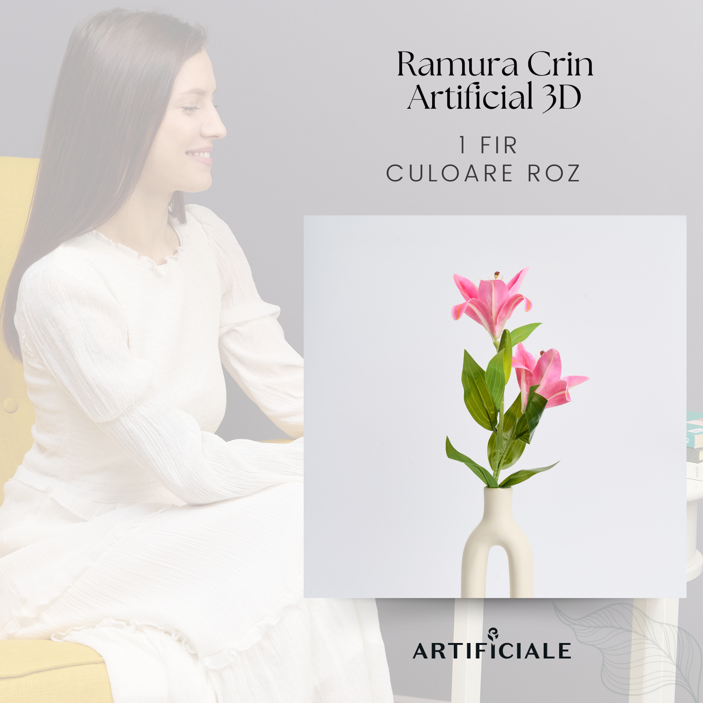 Crin Artificial 3D cu 2 Flori – 1 Fir, Roz sau Alb, 58 cm