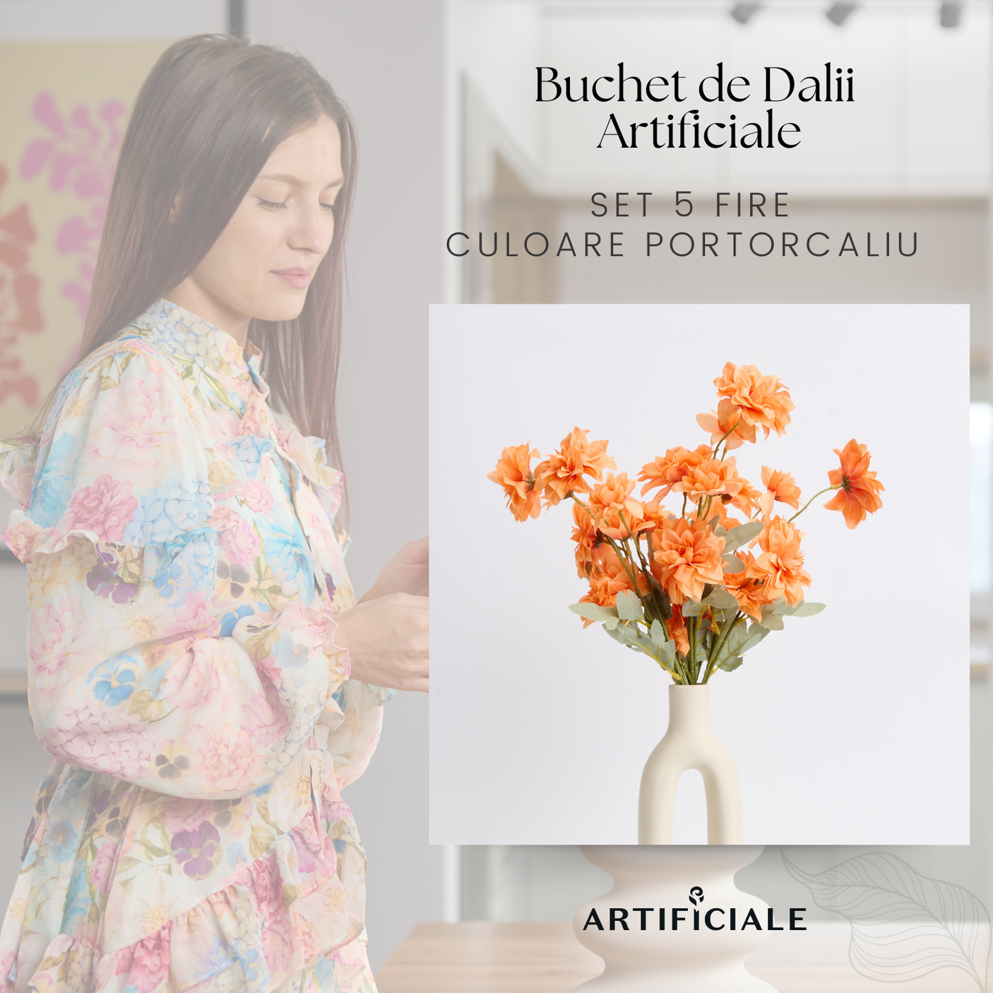 Buchet 5 Fire Dalii Artificiale - Variatii de Culoare: Alb, Rosu, Roz, Portocaliu, Albastru, Sampanie, Mov