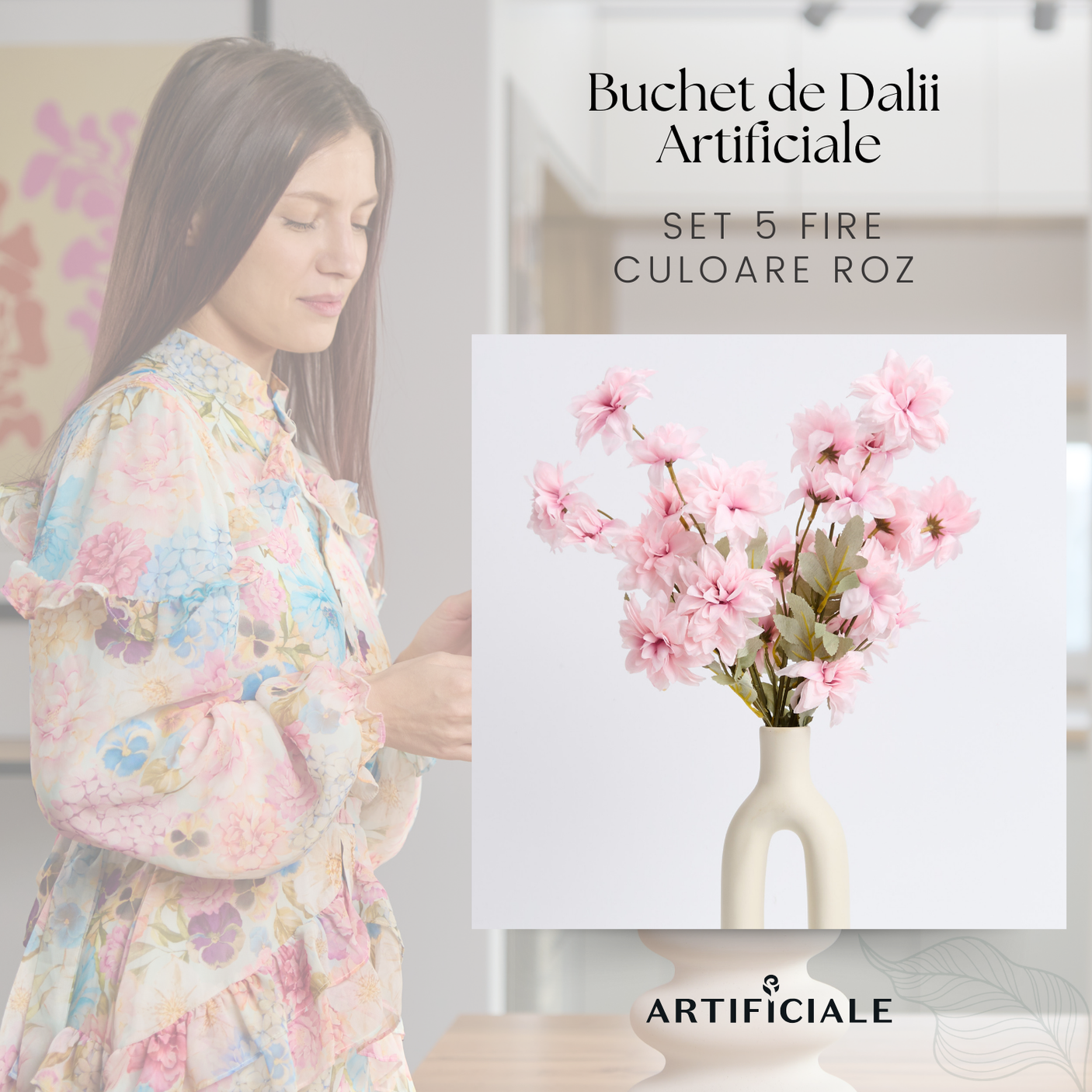 Buchet 5 Fire Dalii Artificiale - Variatii de Culoare: Alb, Rosu, Roz, Portocaliu, Albastru, Sampanie, Mov