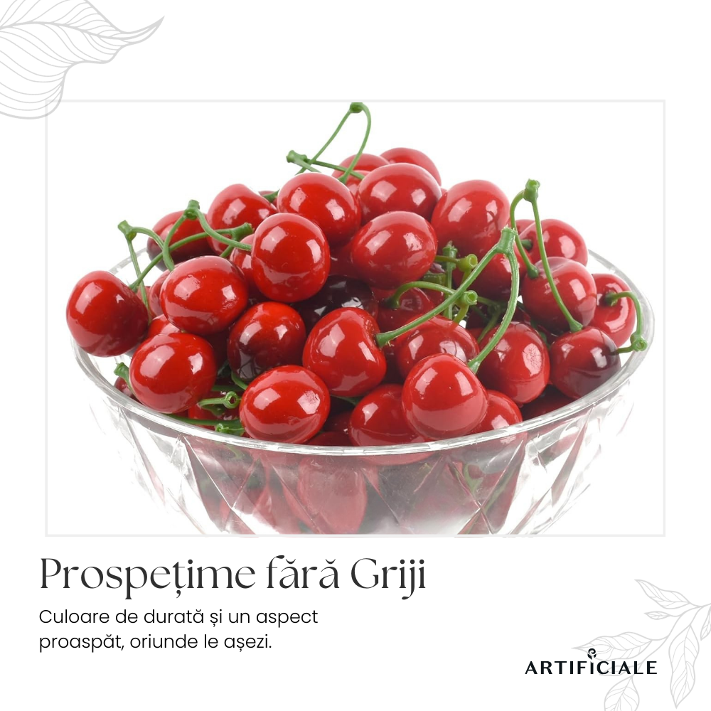 Cirese Artificiale cu Crenguta – Set 10 sau 30 bucati (20 sau 60 cirese in total), culoare rosu aprins
