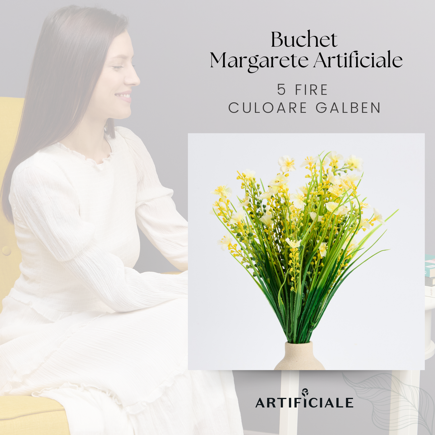 Buchet 5 Fire Margarete Artificiale – Alb, Galben, Mov, Roz, Rosu Trandafiriu, Rosu (Vaza Neinclusa)