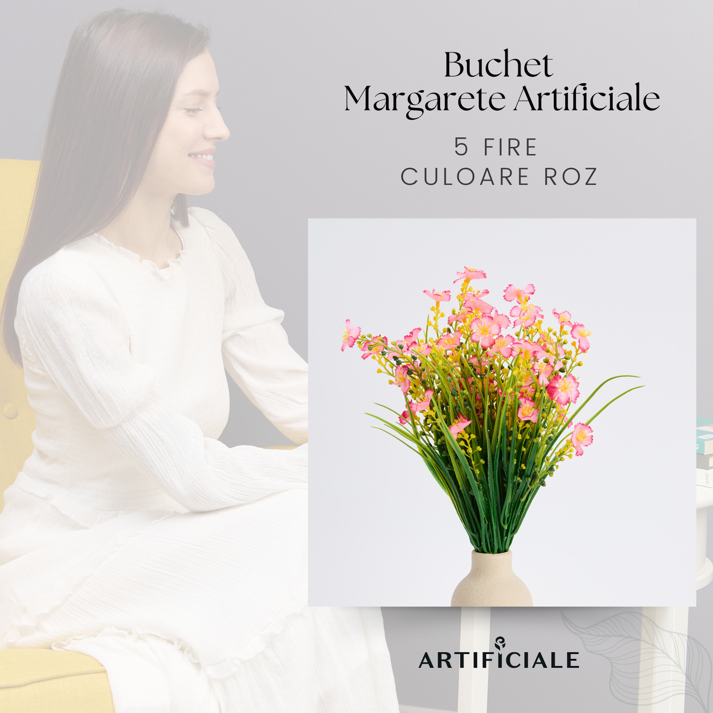 Buchet 5 Fire Margarete Artificiale – Alb, Galben, Mov, Roz, Rosu Trandafiriu, Rosu (Vaza Neinclusa)