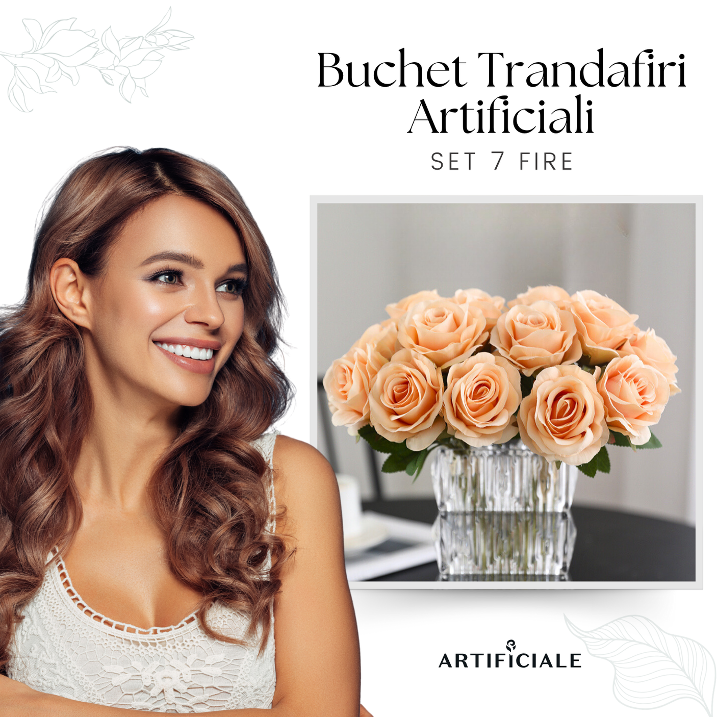 Buchet de Trandafiri Artificiali - 7 Fire, 38 cm, Rosu sau Roz - Eleganta și Rafinament pentru Decorul Tau