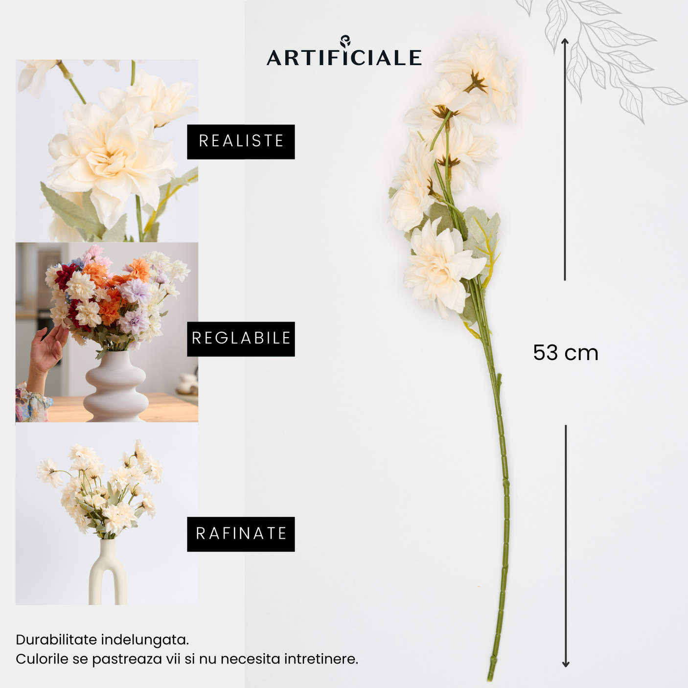 Buchet 5 Fire Dalii Artificiale - Variatii de Culoare: Alb, Rosu, Roz, Portocaliu, Albastru, Sampanie, Mov