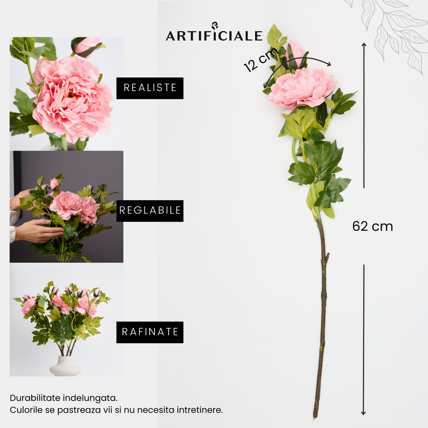 Buchet Bujori Artificiali (Paeonia) - 3 sau 5 Fire, Roz, Alb sau Rosu, Floare 12 cm