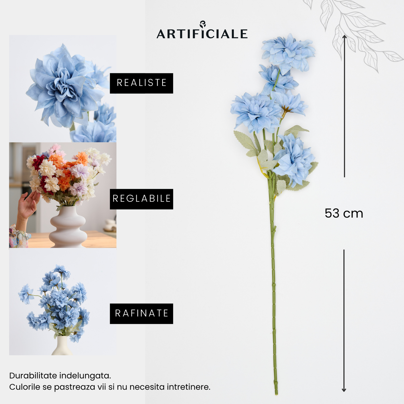 Buchet 5 Fire Dalii Artificiale - Variatii de Culoare: Alb, Rosu, Roz, Portocaliu, Albastru, Sampanie, Mov