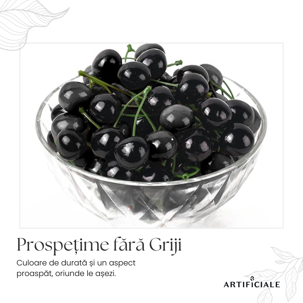 Cirese Artificiale cu Crenguta – Set 10 sau 30 bucati (20 sau 60 cirese), culoare visiniu inchis
