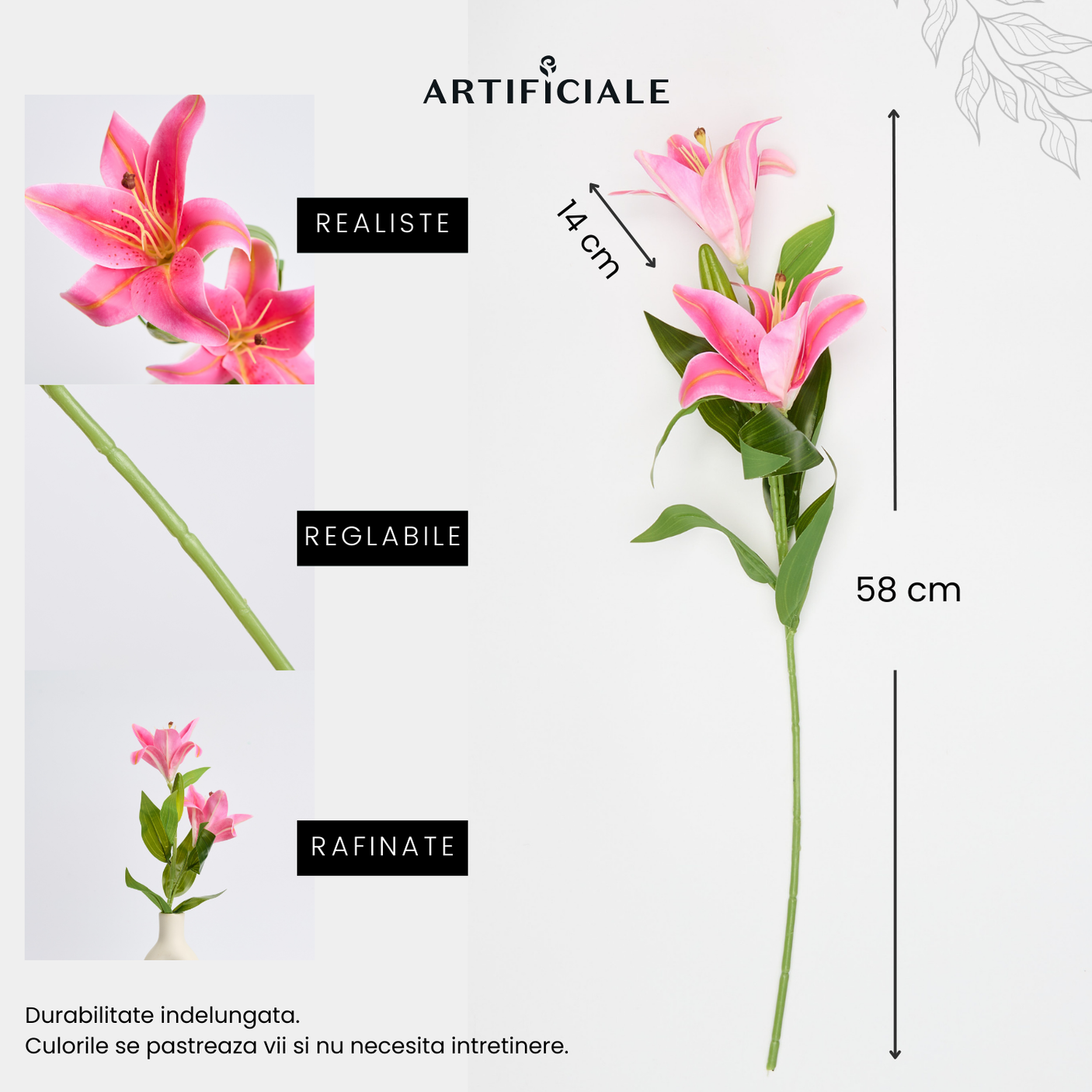 Crin Artificial 3D cu 2 Flori – 1 Fir, Roz sau Alb, 58 cm