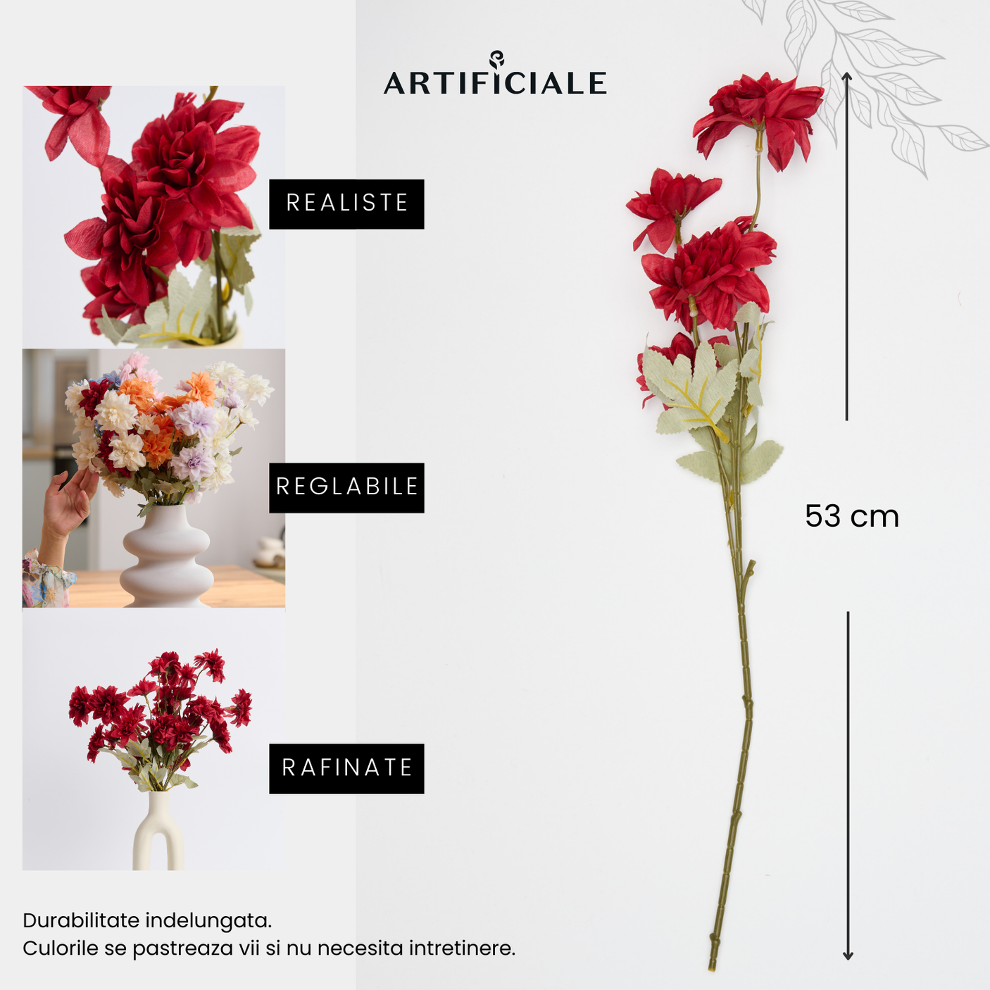 Buchet 5 Fire Dalii Artificiale - Variatii de Culoare: Alb, Rosu, Roz, Portocaliu, Albastru, Sampanie, Mov