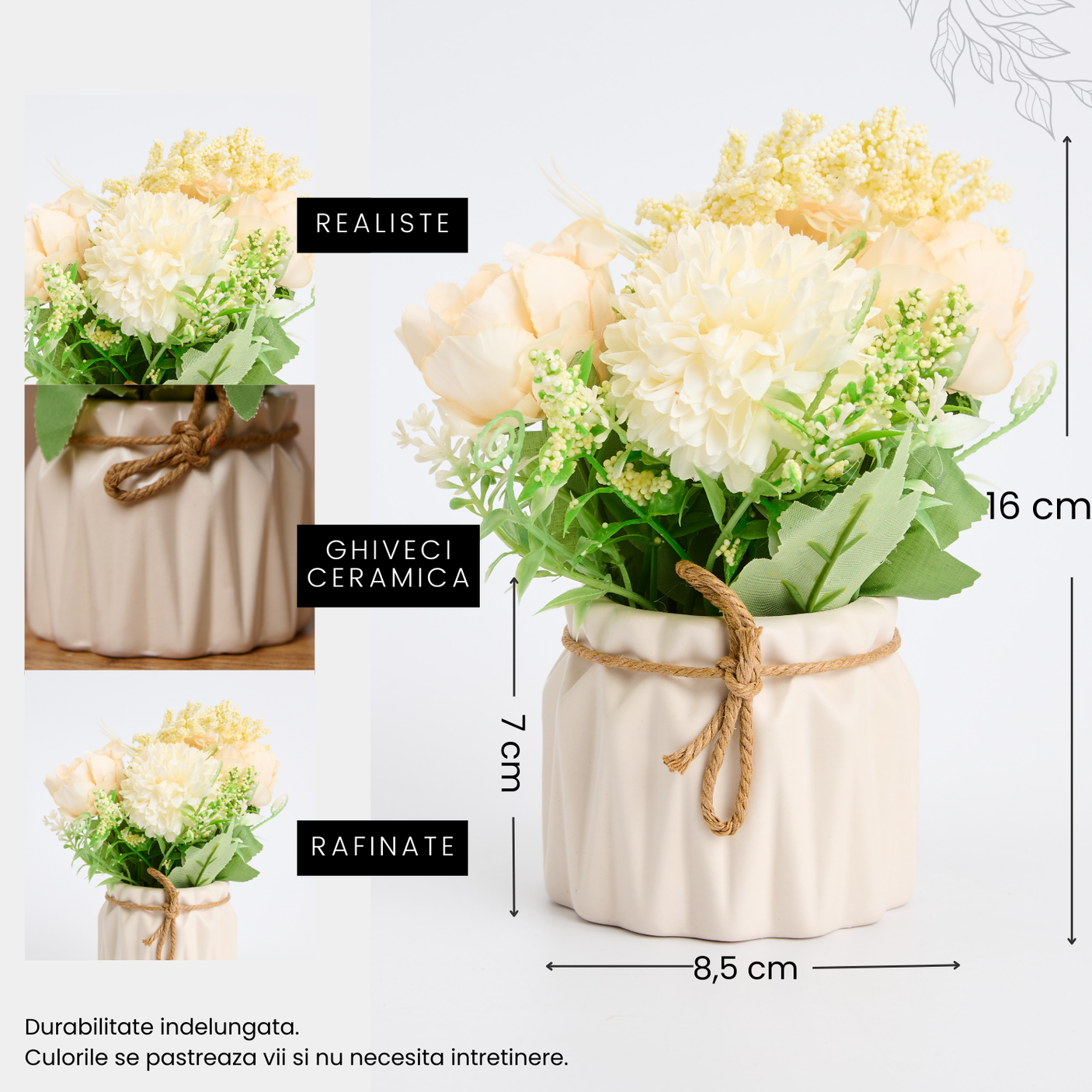 Aranjament Flori Artificiale cu Hortensie, Trandafiri si Flori de Camp – Alb, cu Vas Decorativ