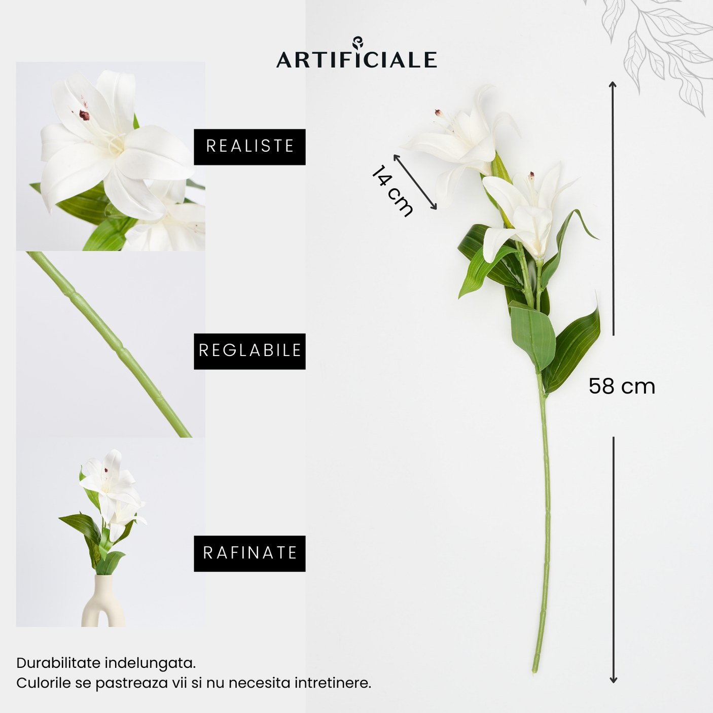 Crin Artificial 3D cu 2 Flori – 1 Fir, Roz sau Alb, 58 cm