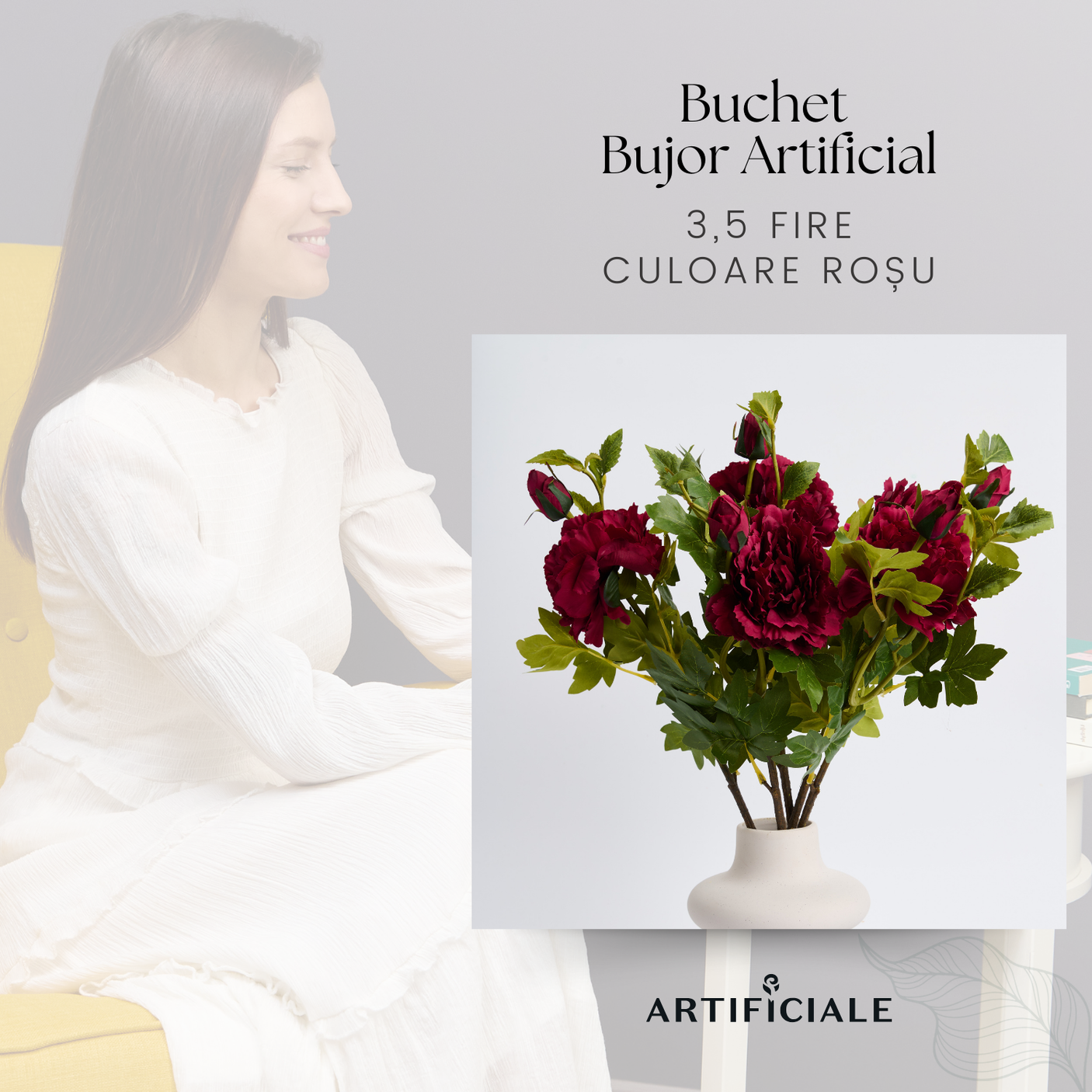 Buchet Bujori Artificiali (Paeonia) - 3 sau 5 Fire, Roz, Alb sau Rosu, Floare 12 cm