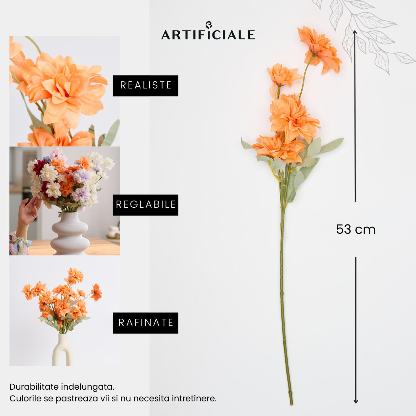 Buchet 5 Fire Dalii Artificiale - Variatii de Culoare: Alb, Rosu, Roz, Portocaliu, Albastru, Sampanie, Mov