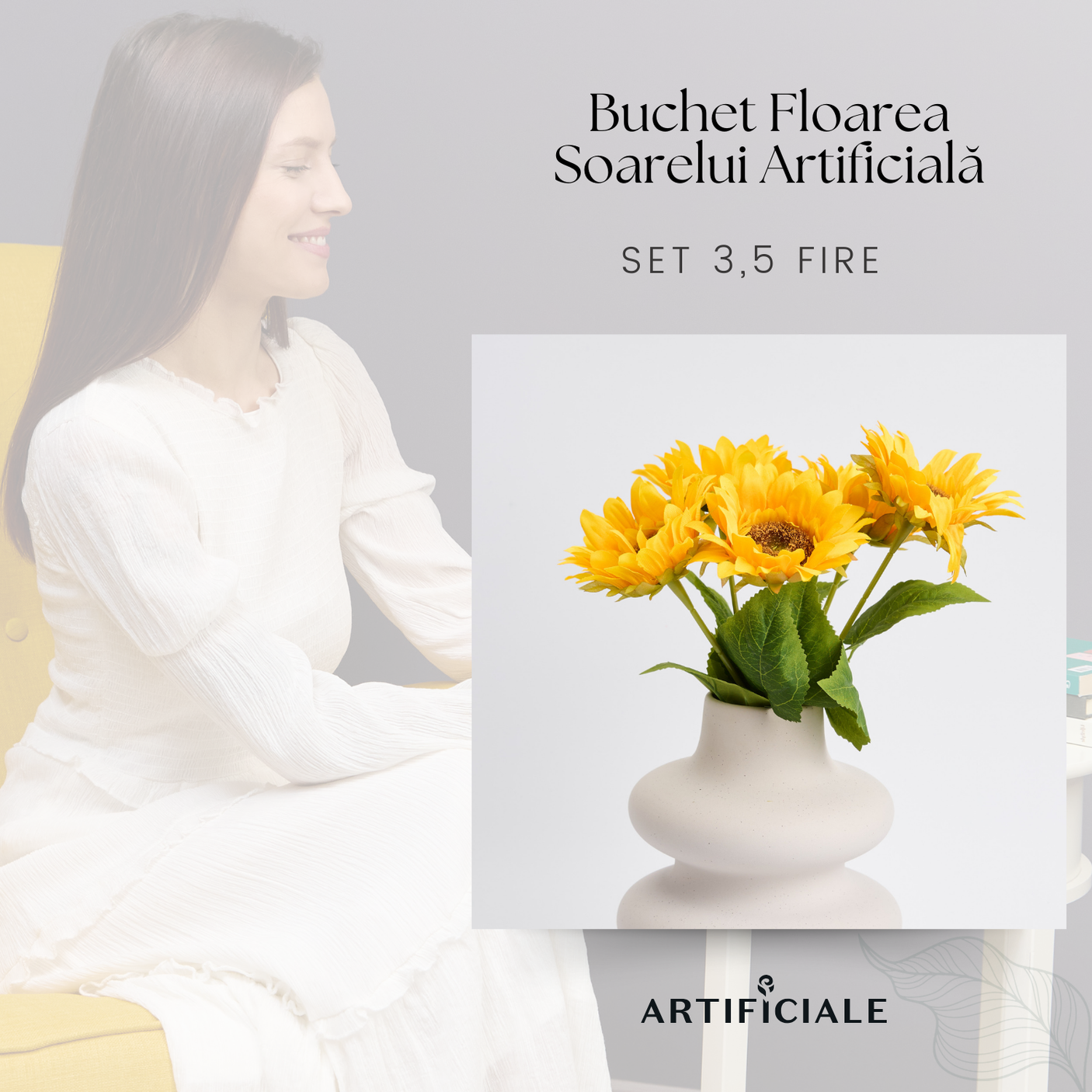 Buchet de Flori Artificiale Floarea-Soarelui - 45 cm, Disponibil în Culoare Galbenă - Opțiuni de 3 sau 5 Fire