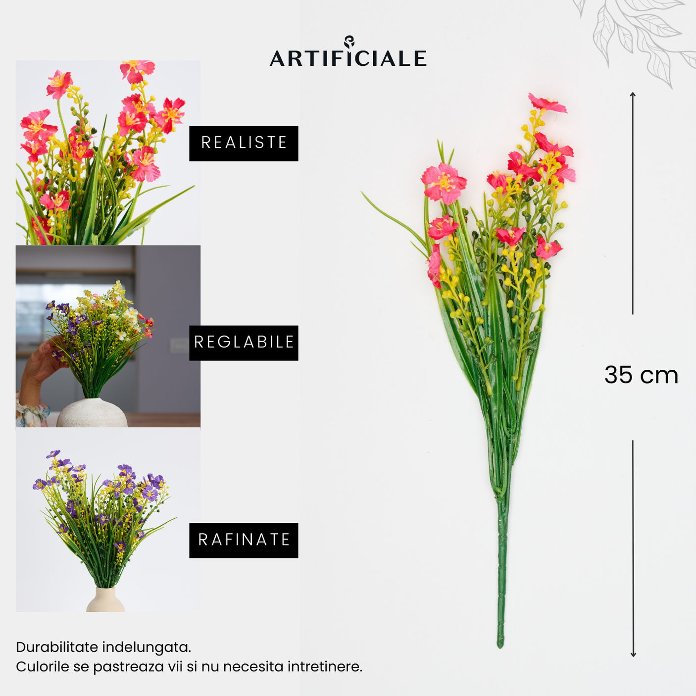 Buchet 5 Fire Margarete Artificiale – Alb, Galben, Mov, Roz, Rosu Trandafiriu, Rosu (Vaza Neinclusa)