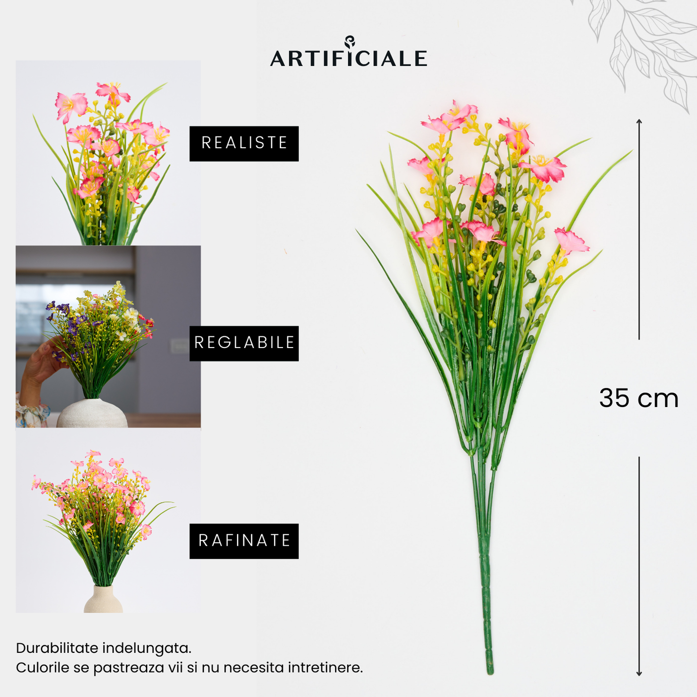 Buchet 5 Fire Margarete Artificiale – Alb, Galben, Mov, Roz, Rosu Trandafiriu, Rosu (Vaza Neinclusa)