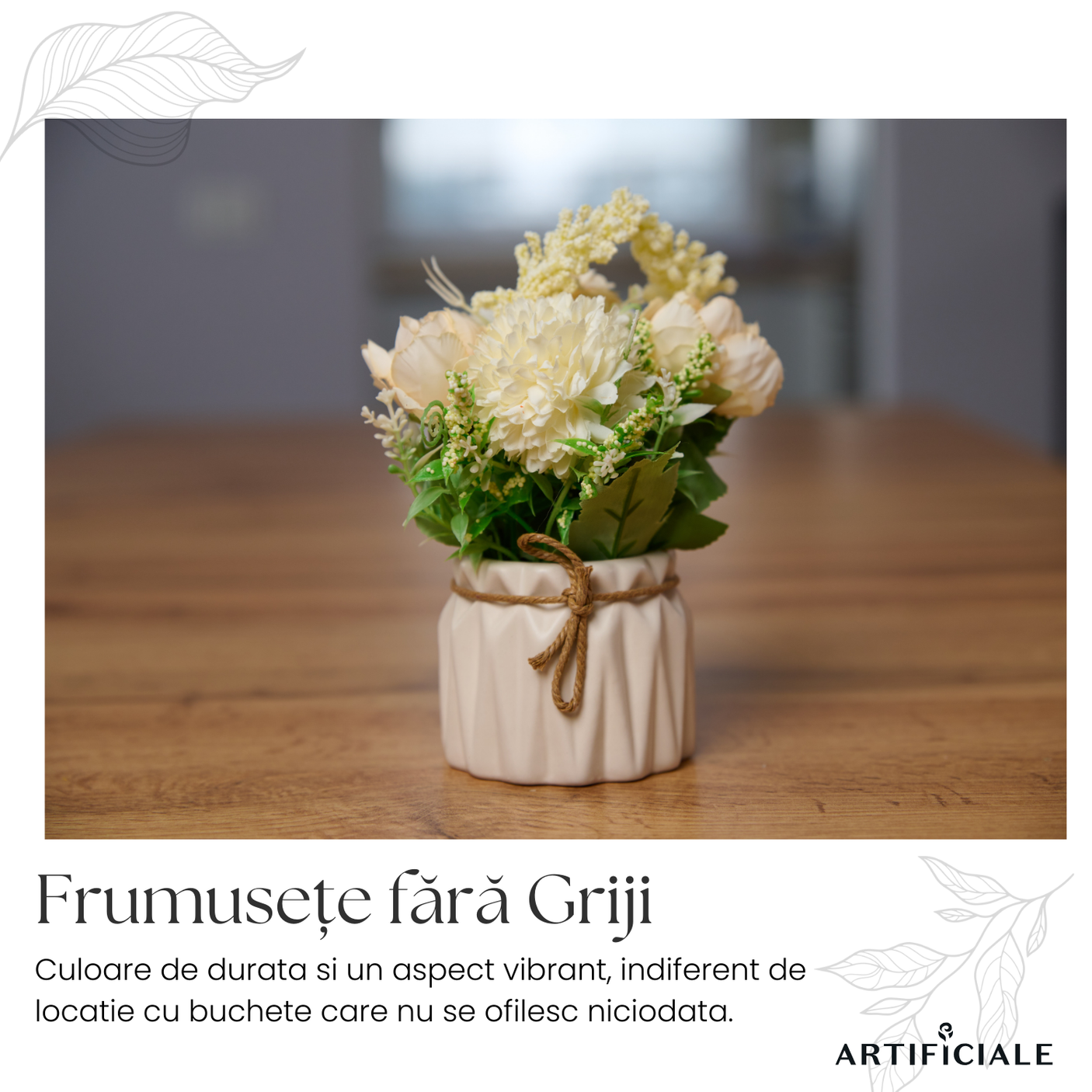 Aranjament Flori Artificiale cu Hortensie, Trandafiri si Flori de Camp – Alb, cu Vas Decorativ