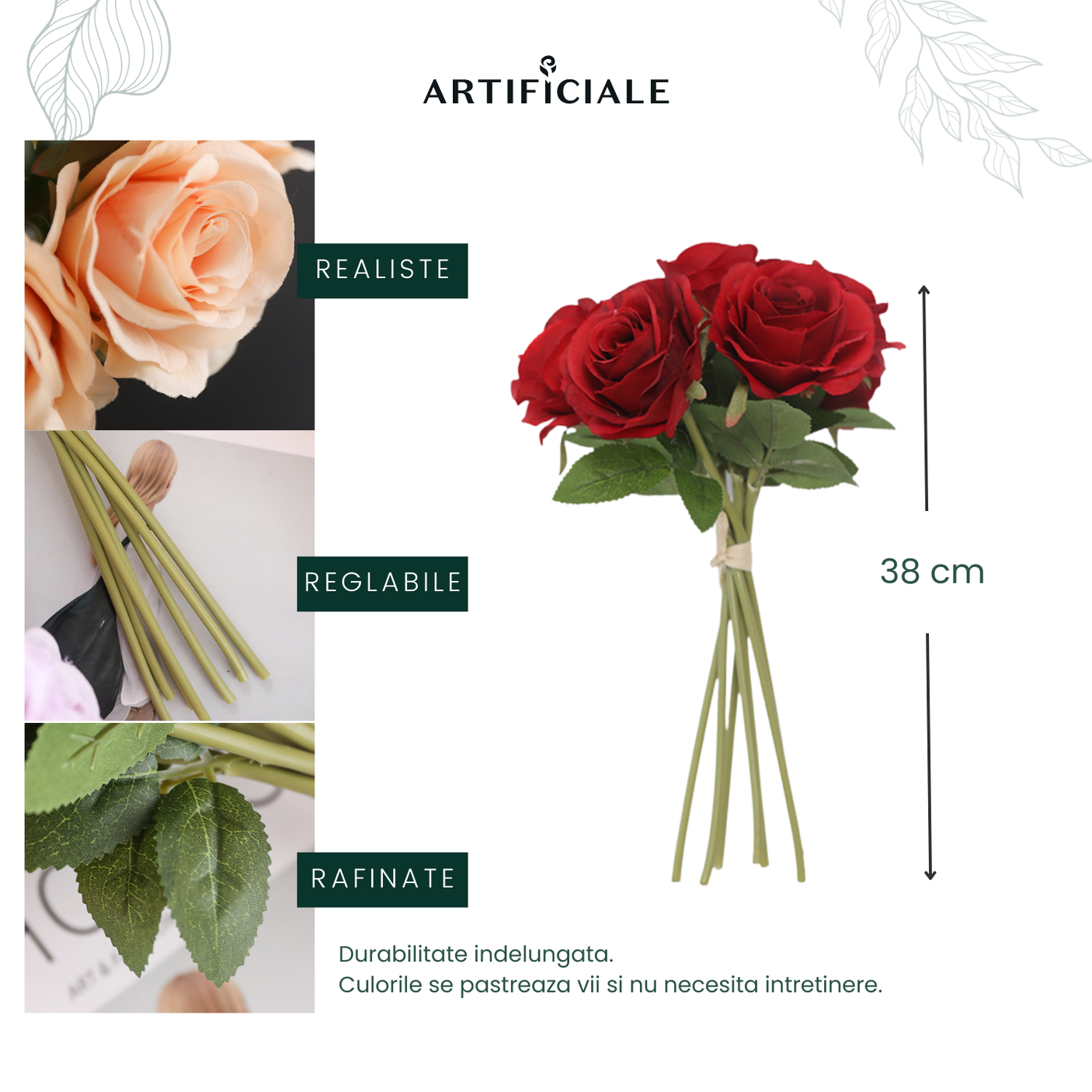 Buchet de Trandafiri Artificiali - 7 Fire, 38 cm, Rosu sau Roz - Eleganta și Rafinament pentru Decorul Tau