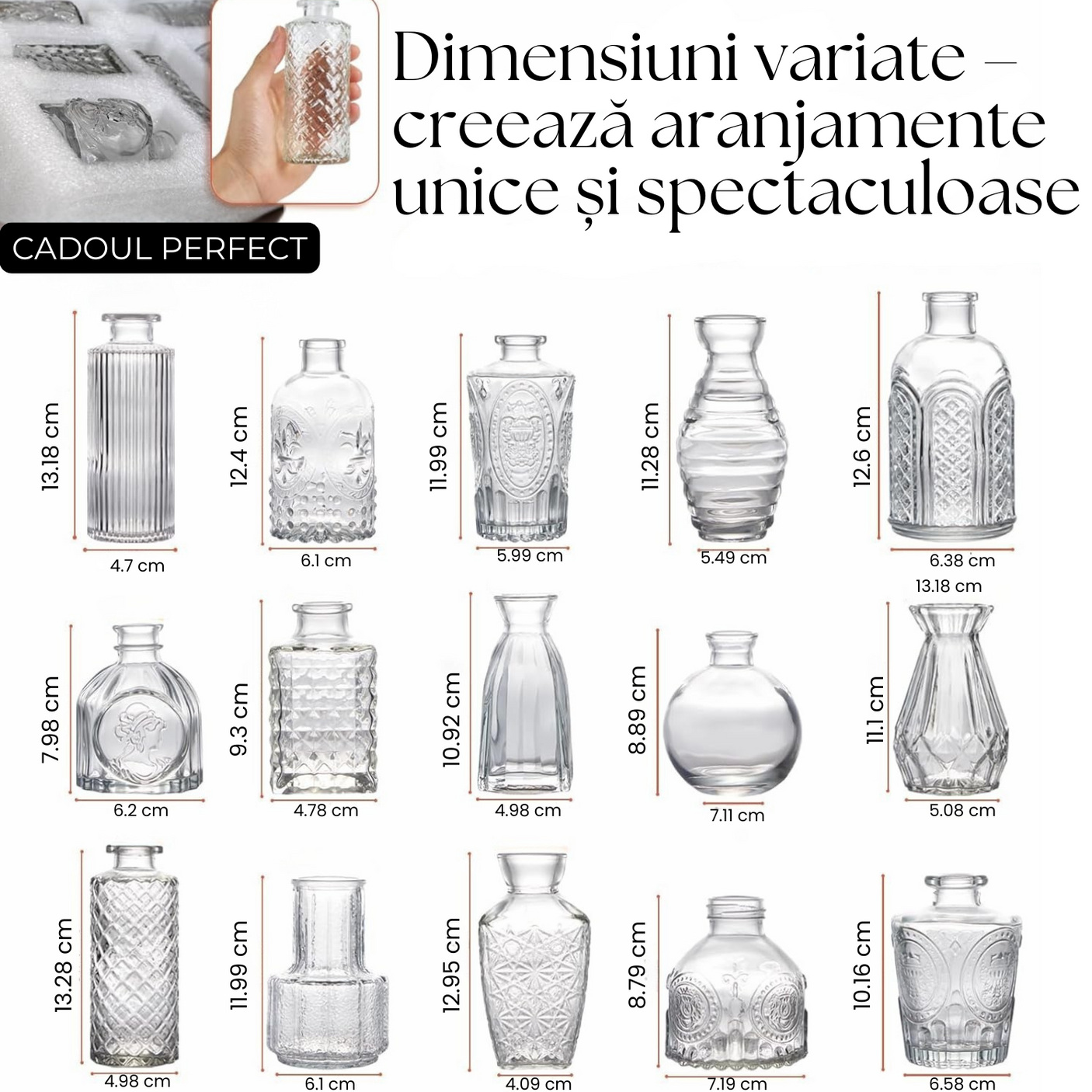 Set Vaze Mini Vintage Design, Modele Gravate din Sticla – 16, 30, 32 sau 45, diverse culori
