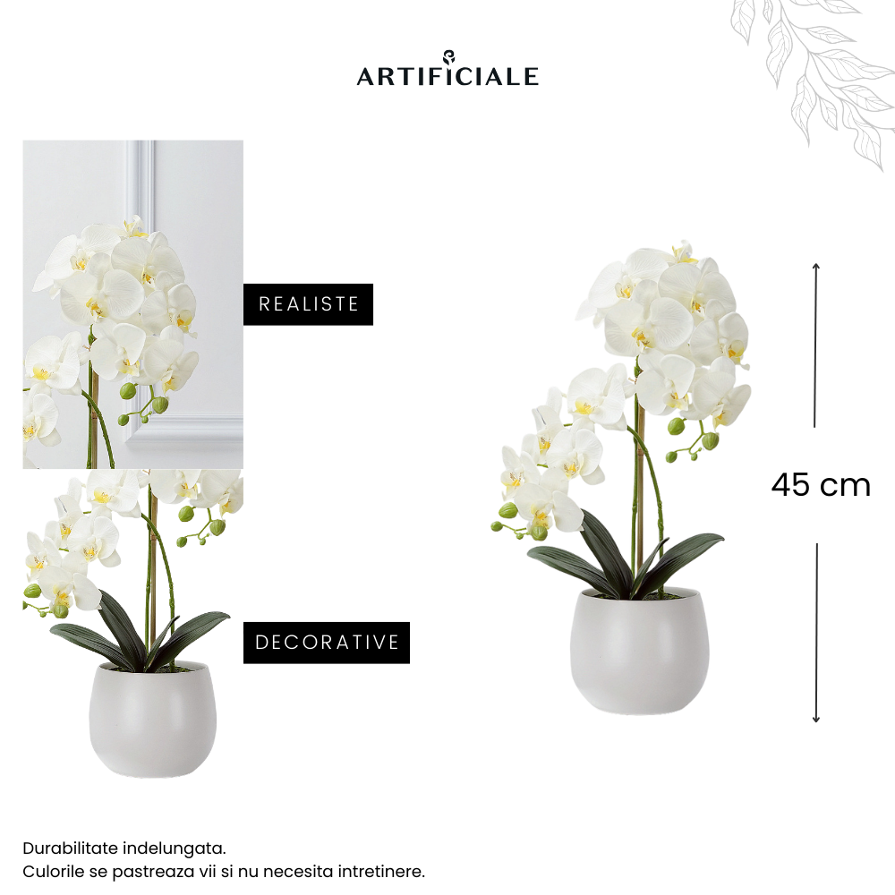 Orhidee Artificiala Phalaenopsis Alba – 45 cm, 2 tije bogate, ghiveci ceramic alb